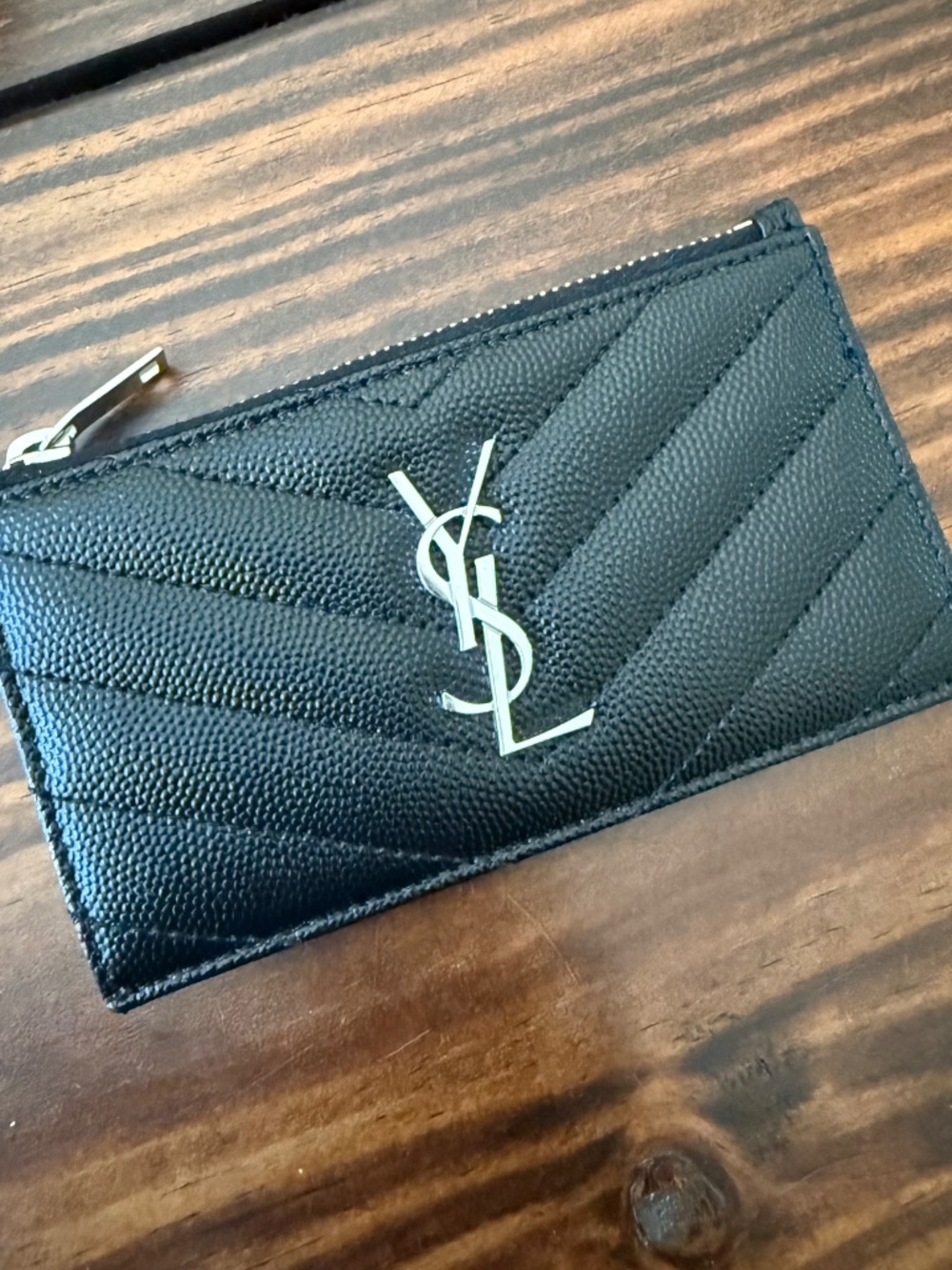 Saint Laurent YSL Monogram Small Ziptop Card Case in Grained Leather - Black